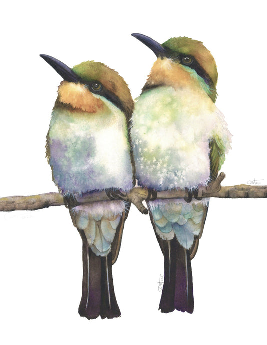 "Birds of a Feather" Bee-Eater watercolor art print by Vanessa Thorman, detailed view