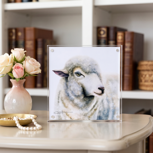 Duchess the sheep acrylic block desk art Standing upright on a vanity table