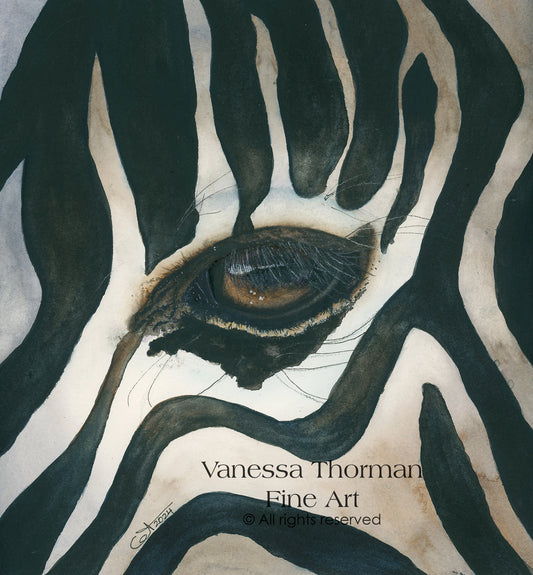 "Eye of the Storm" zebra eye watercolor art print by Vanessa Thorman, detailed view