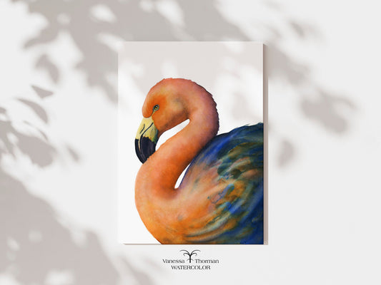 Coral Flamingo watercolor art print with a white background by Vanessa Thorman, unframed