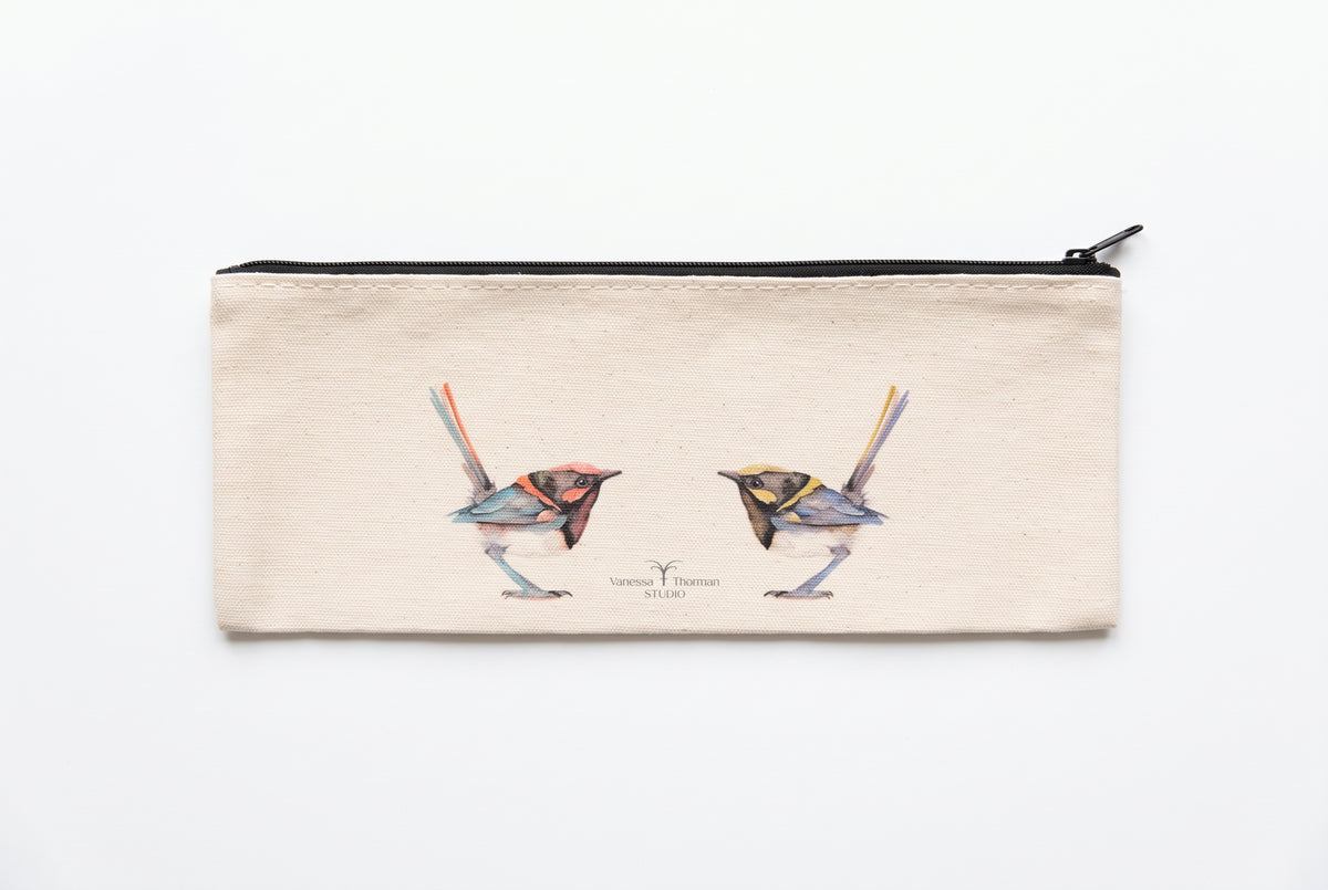 Whimsical Wrens Canvas Pencil Pouch – Fairywren Watercolor Art
