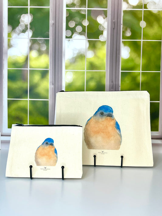 Bluebird Canvas Travel Pouch – Zippered Bag with Bluebird Art | Small or Large Size