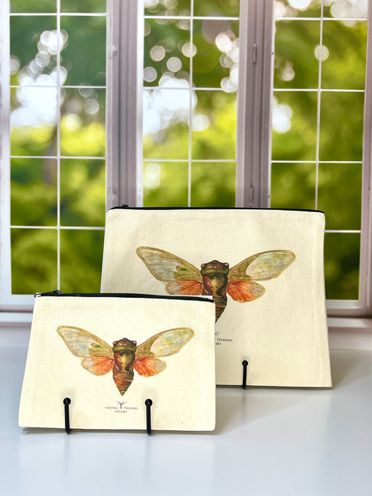 Cicada Canvas Travel Pouch – - Zippered Bag with Insect Art | Small or Large Size