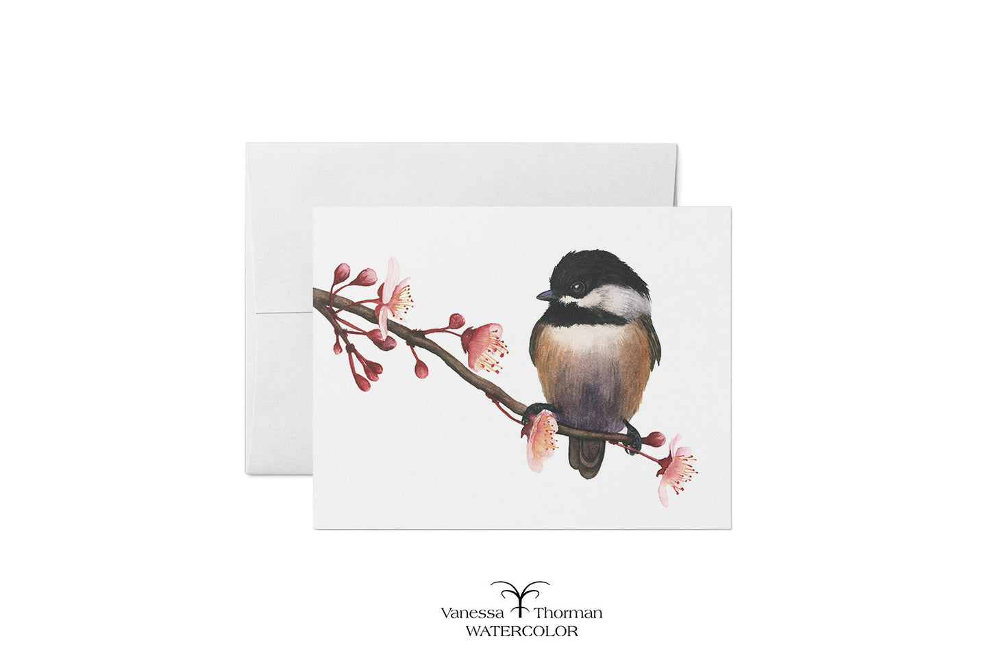 Spring Chickadee watercolor notecard design featuring a chickadee on a blossoming branch