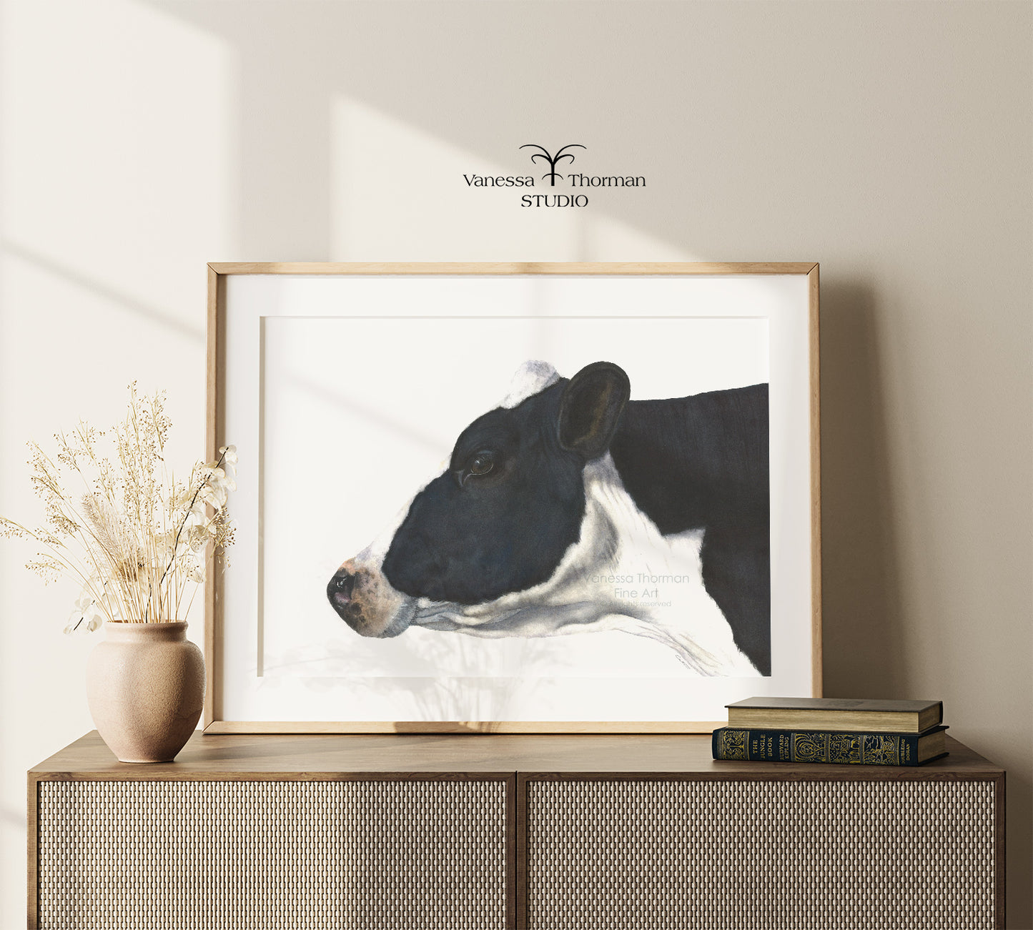 Framed "Belle of the Ball" Holstein Cow watercolor art print by Vanessa Thorman,