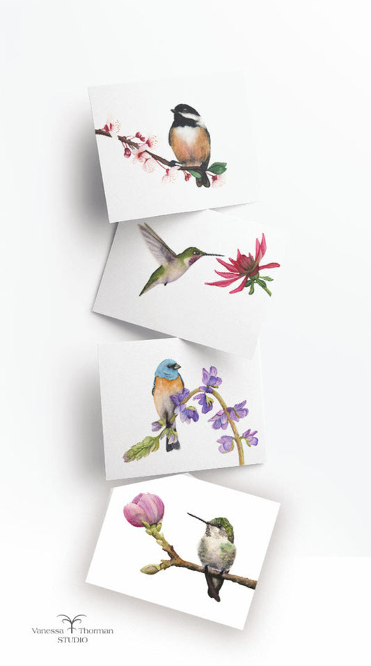 Birds & Blooms watercolor notecard set with 8 blank folded cards
