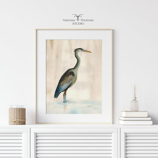 "Marsh Heron in Green" watercolor art print by Vanessa Thorman in a white frame, alternate view