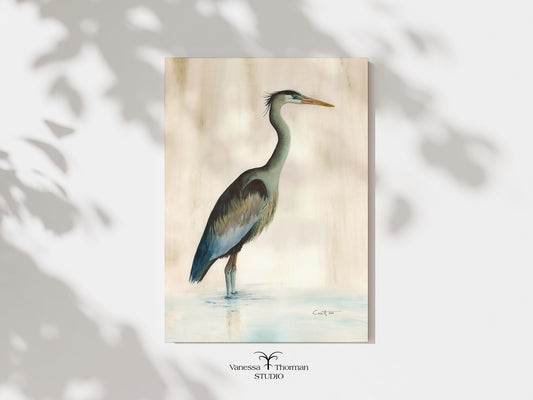"Marsh Heron in Green" watercolor art print, unframed, by Vanessa Thorman