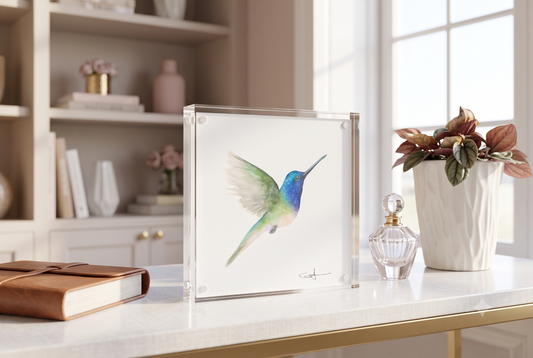 Sapphire the Hummingbird acrylic block art print displayed on a console table