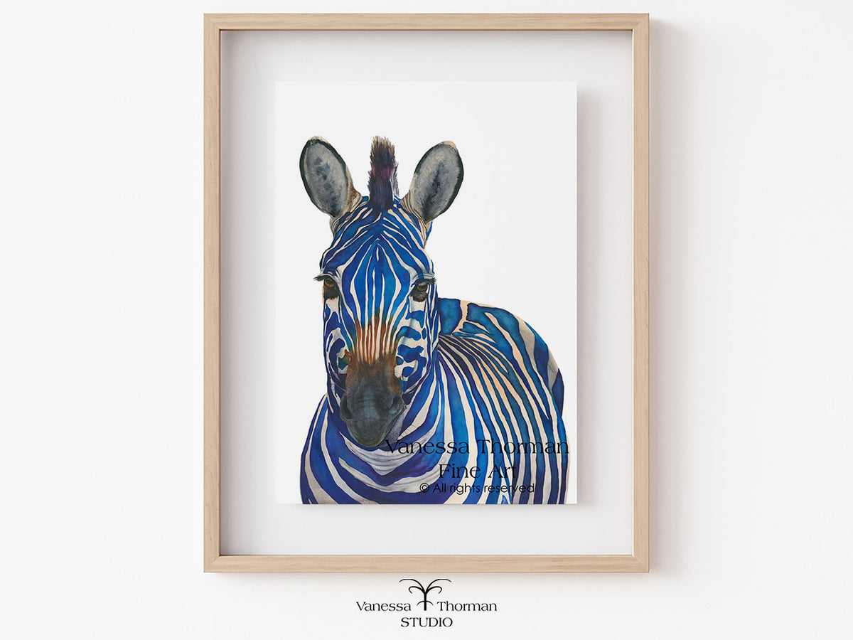 Framed "Azul" blue zebra watercolor art print by Vanessa Thorman