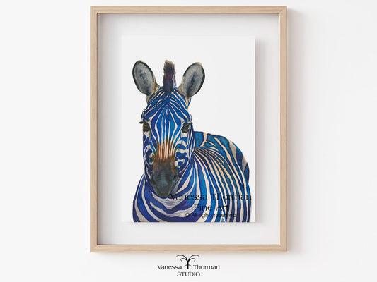 Framed "Azul" blue zebra watercolor art print by Vanessa Thorman