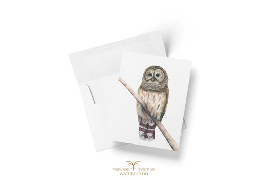 Barred Owl notecard shown with matching white envelope