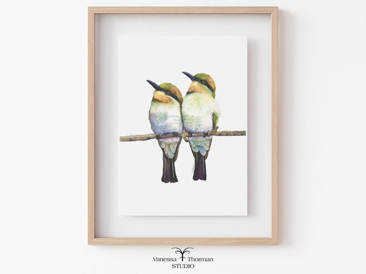 Framed "Birds of a Feather" Bee-Eater watercolor art print by Vanessa Thorman