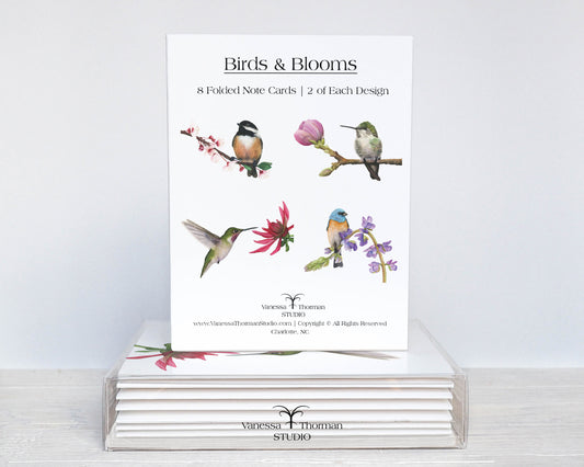 Birds & Blooms Notecard Set – 8 Blank Folded Cards with Envelopes | A2 Size