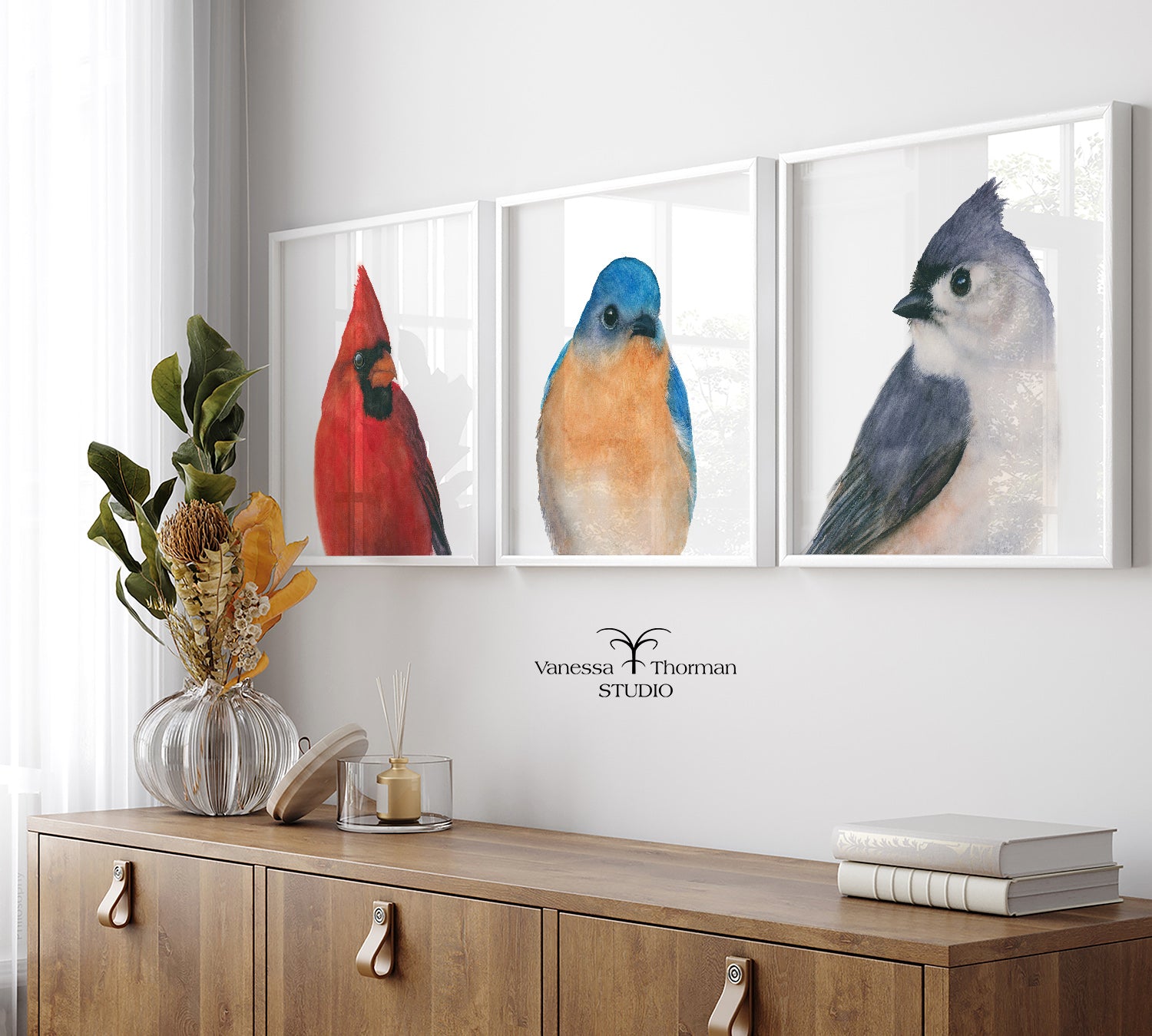 Three framed songbird watercolor close up prints, featuring an eastern bluebird, northern cardinal, and tufted titmouse