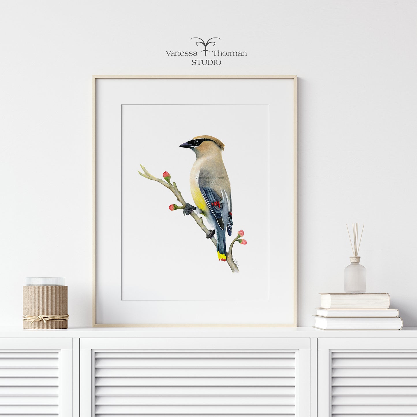 Framed Cedar Waxwing watercolor art print on a white background