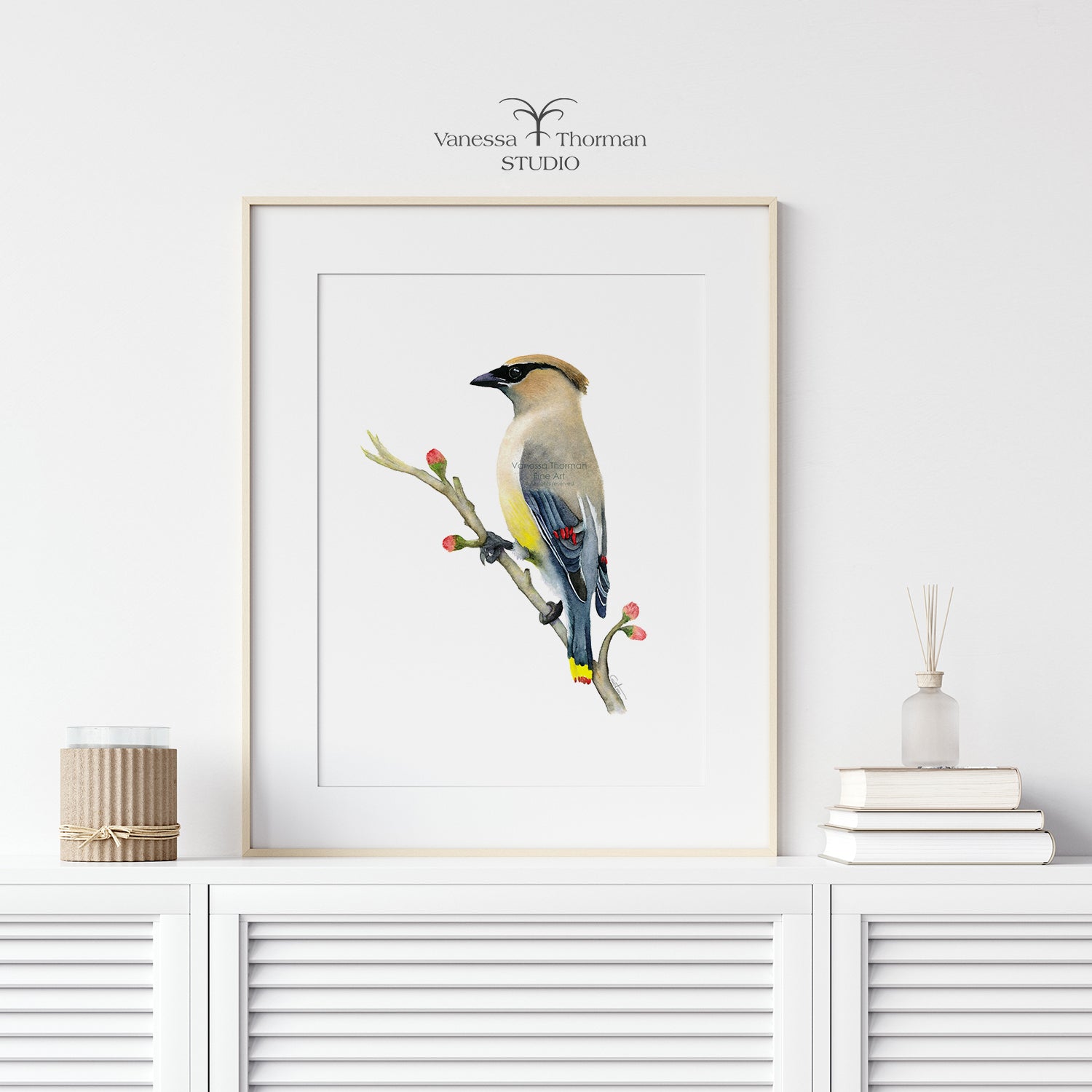 Framed Cedar Waxwing watercolor art print on a white background