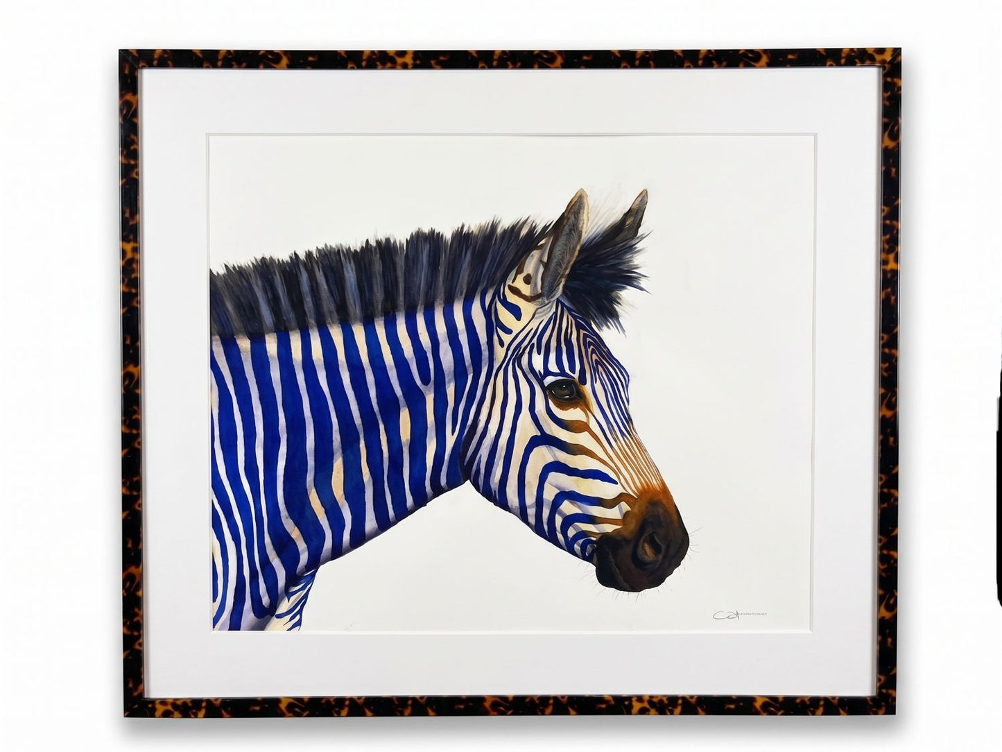 A detailed image of Celeste, a watercolor painting of a zebra with blue and white stripes on a white background in a tortoiseshell frame.