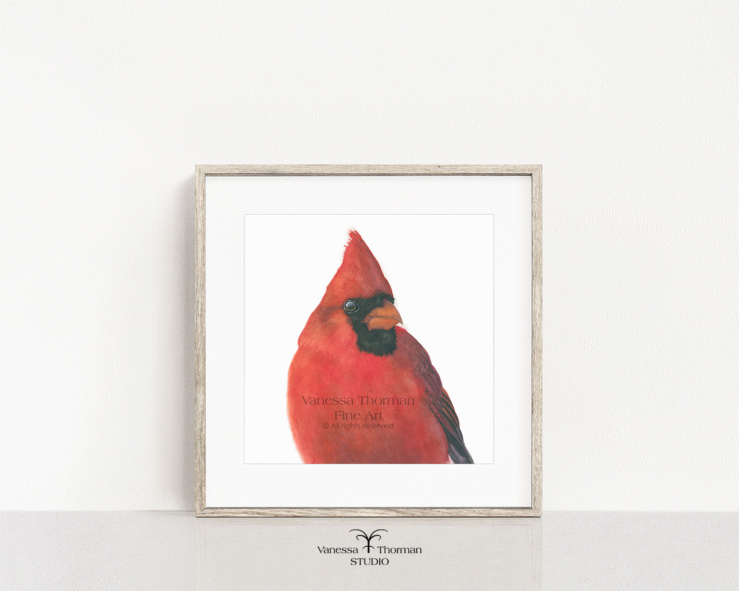 Framed "Charles," a close-up Northern Cardinal watercolor art print by Vanessa Thorman