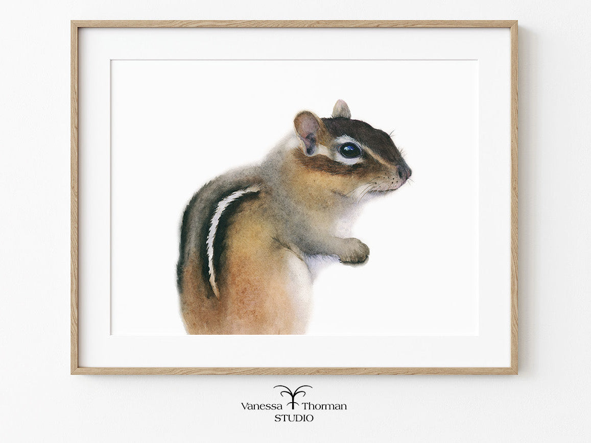 Framed Chipmunk Watercolor Art Print with a white background