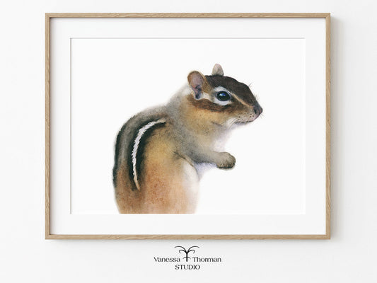 Framed Chipmunk Watercolor Art Print with a white background by Vanessa Thorman