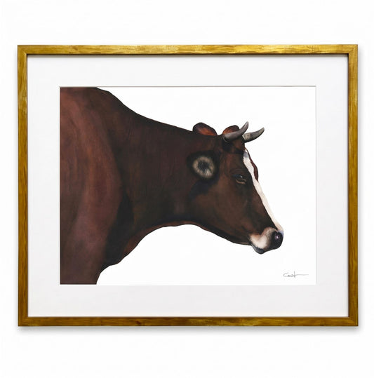 Framed wall art featuring Clementine, a dark brown cow with a white blaze, set within a white mat and a metallic bronze frame on a white background.