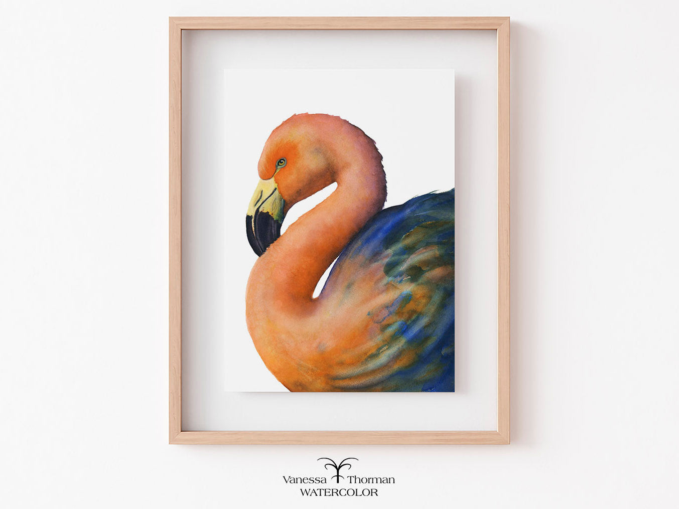 Framed Coral Flamingo watercolor art print with a white background
