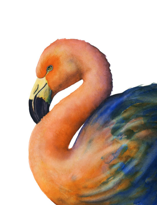 Coral Flamingo watercolor art print with a white background by Vanessa Thorman, detailed view