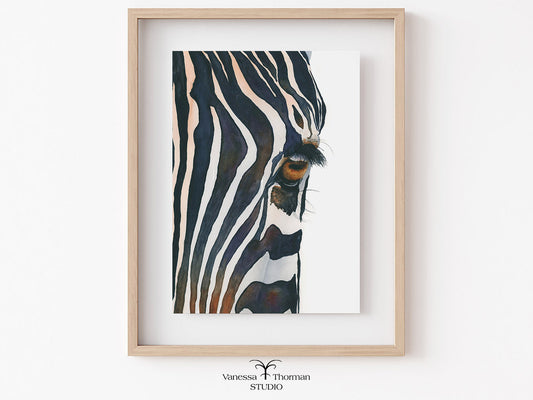 Framed "Eye of the Beholder" zebra eye watercolor art print by Vanessa Thorman