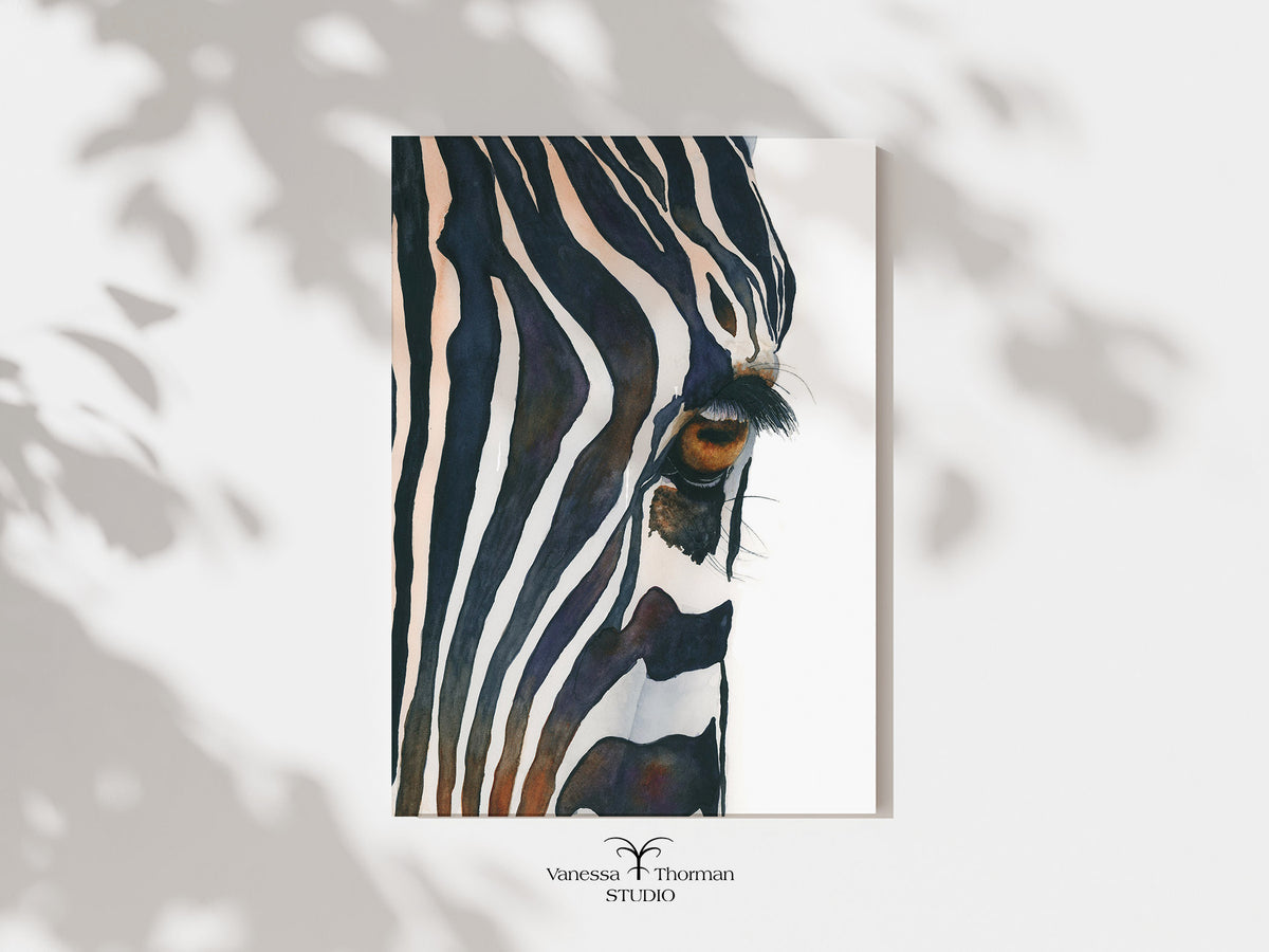 "Eye of the Beholder" zebra eye watercolor art print by Vanessa Thorman, unframed
