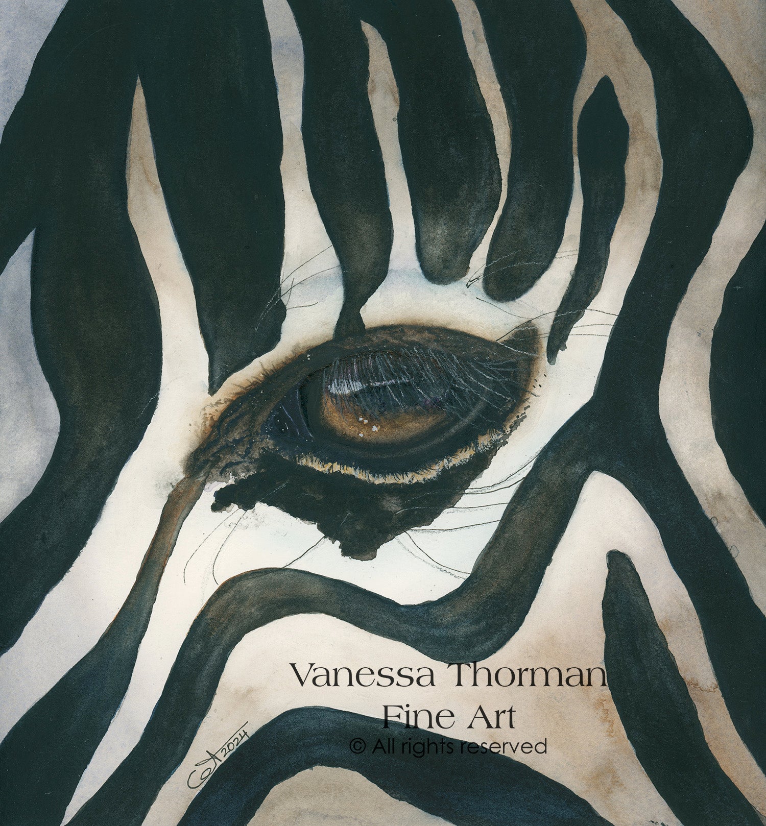 "Eye of the Storm" zebra eye watercolor art print by Vanessa Thorman, detailed view