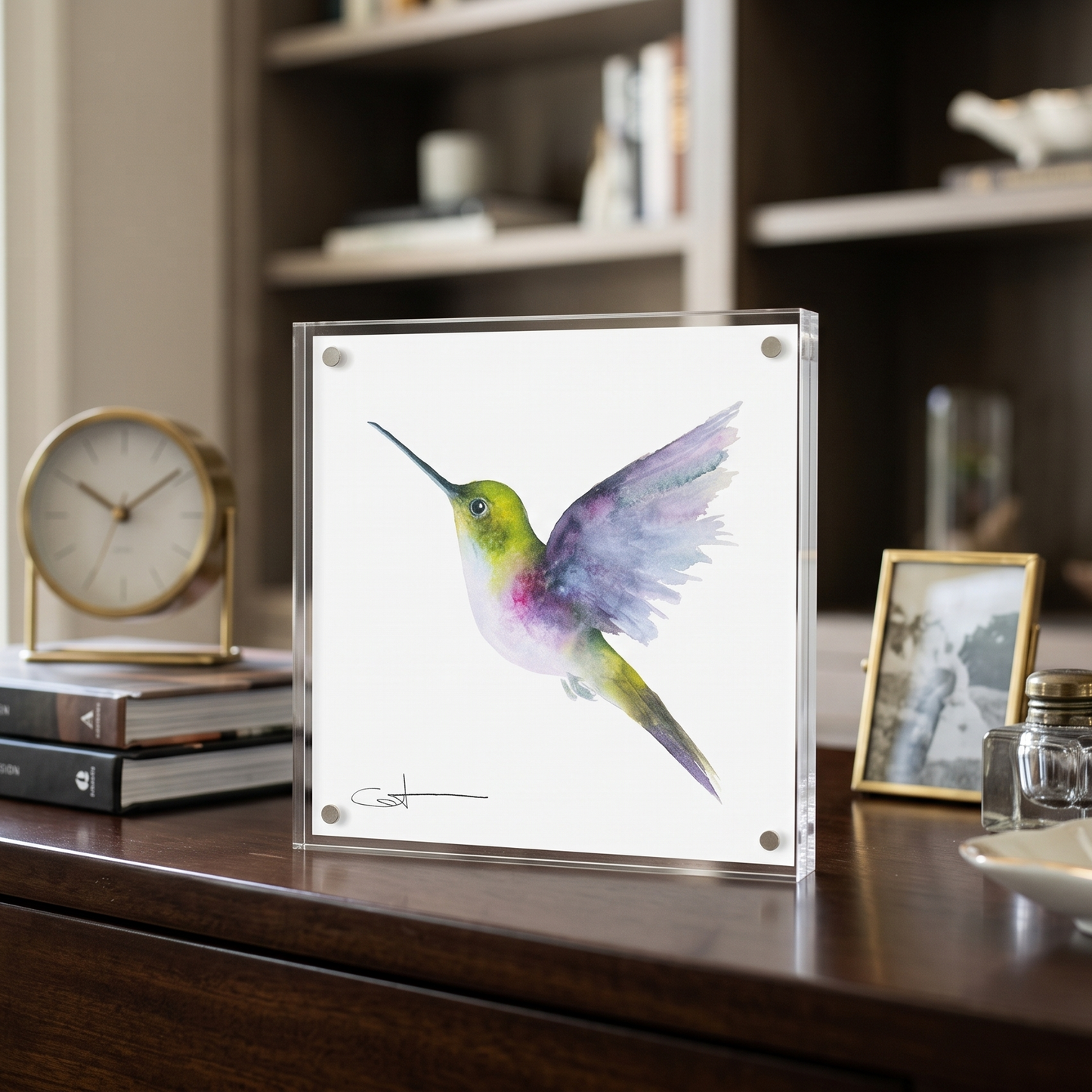 Fiona the Hummingbird acrylic block desk art Standing upright on a desk