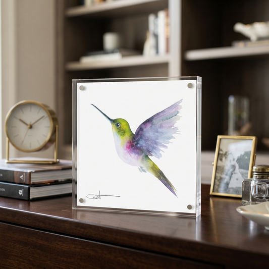 Fiona the Hummingbird acrylic block desk art Standing upright on a desk