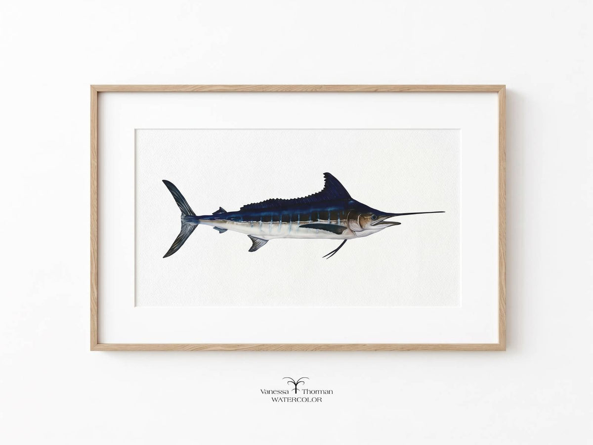 Blue Marlin Watercolor Art Print — Off the Hook, Deep Sea Fishing Decor