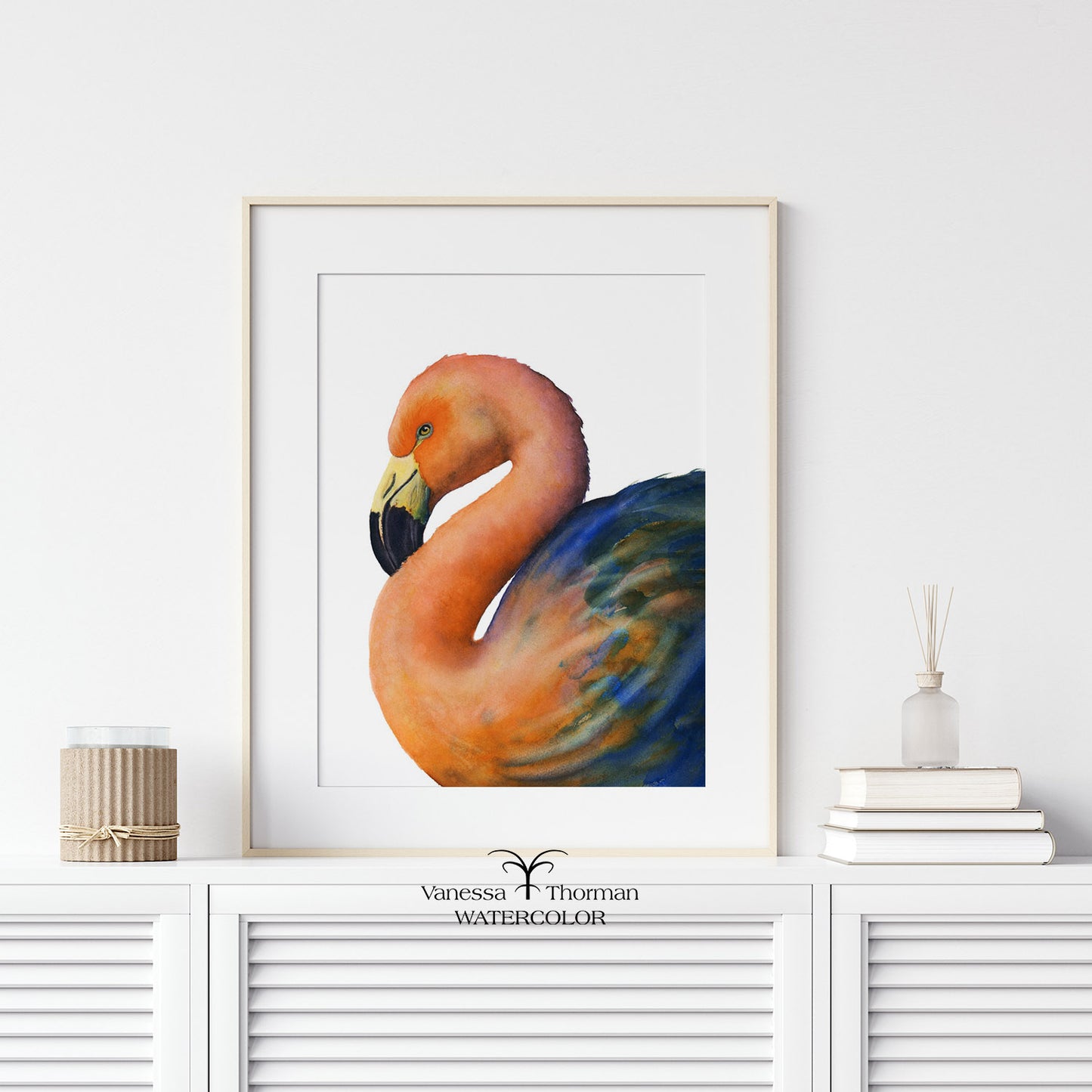 Framed Coral Flamingo watercolor art print with a white background