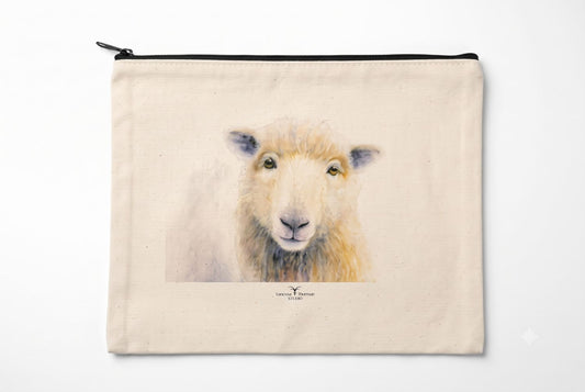 Sheep Canvas Travel Pouch – Zippered Bag with Watercolor Sheep Art | Small or Large Size