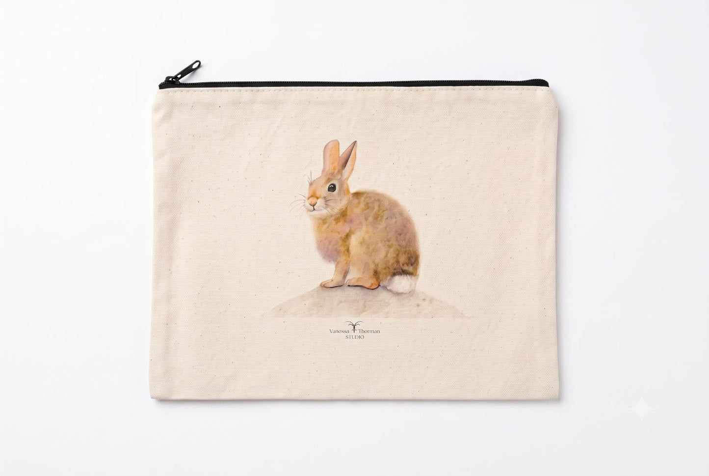 Bunny Canvas Travel Pouch – Zippered Bag with Watercolor Bunny Art | Small or Large Size