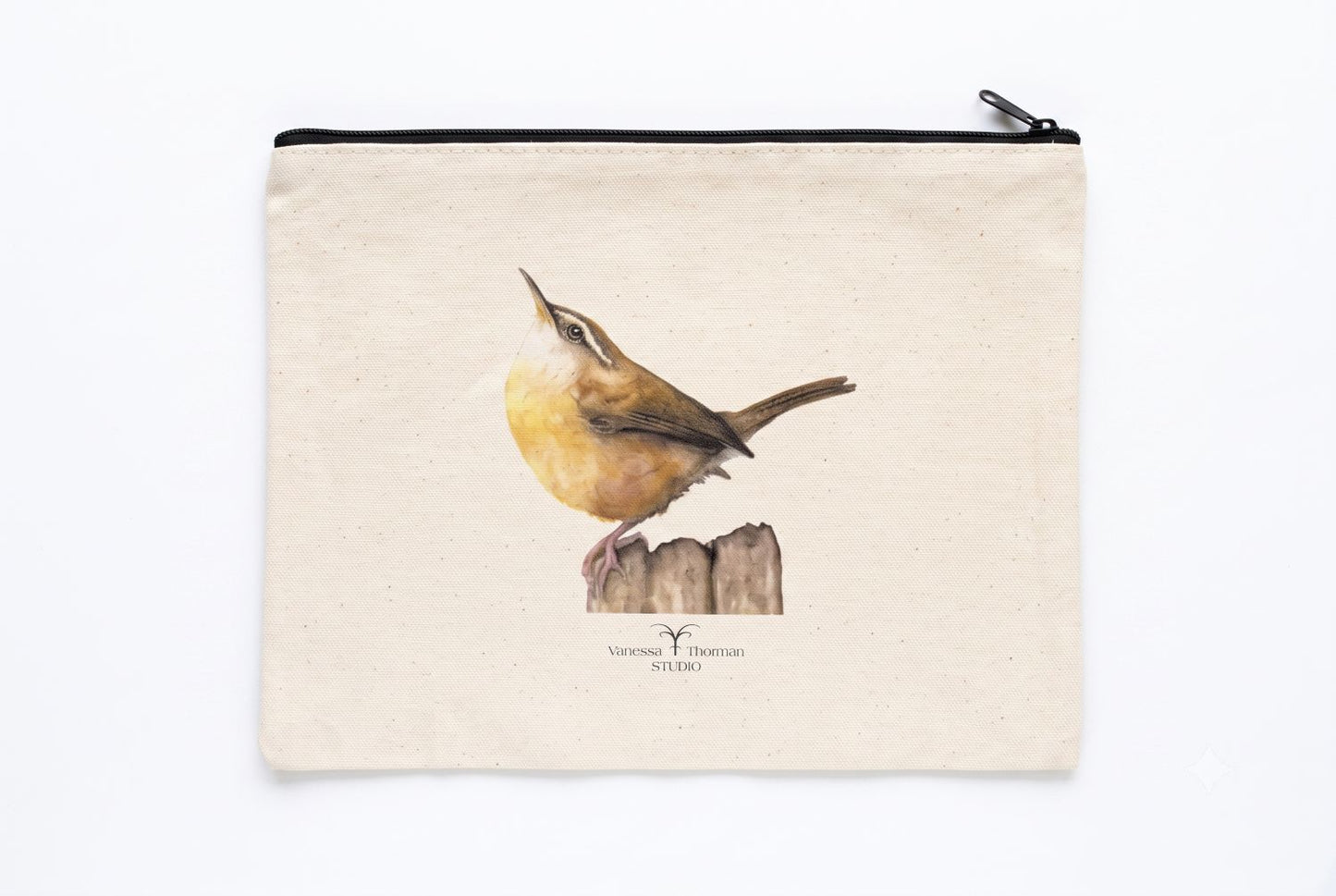 Carolina Wren Canvas Travel Pouch - Zippered Bag with Wren Art | Small or Large Size