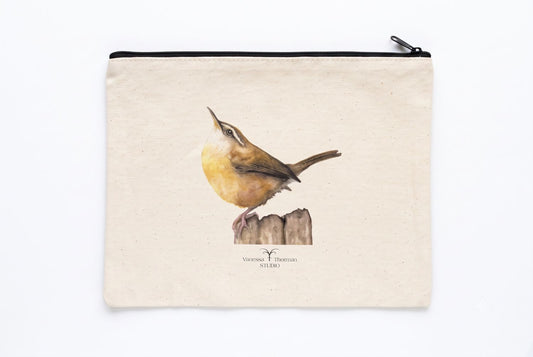 Carolina Wren Canvas Travel Pouch - Zippered Bag with Wren Art | Small or Large Size
