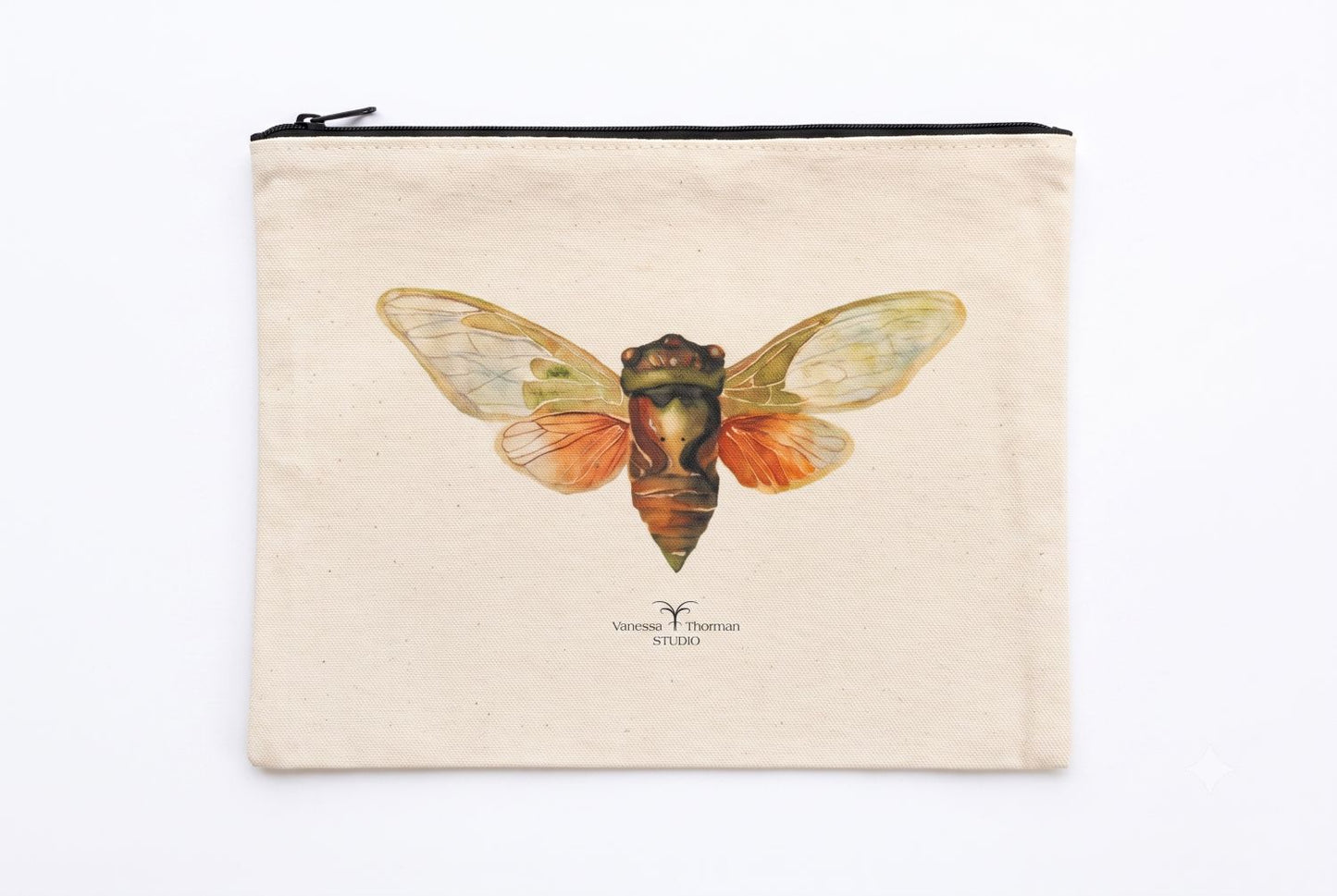 Cicada Canvas Travel Pouch – - Zippered Bag with Insect Art | Small or Large Size