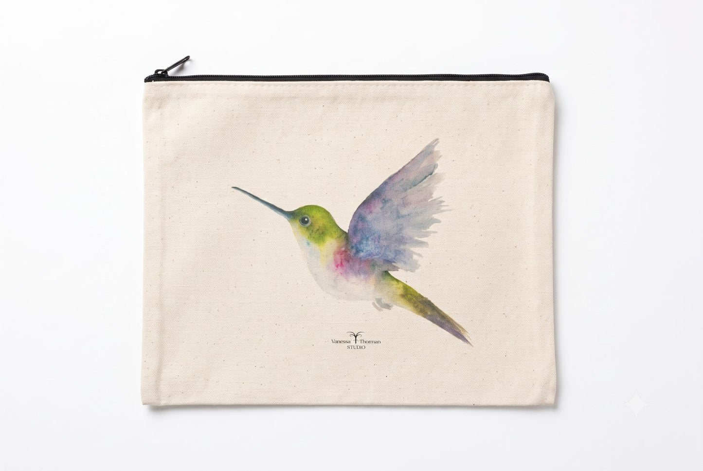 Hummingbird Canvas Travel Pouch - Zippered Bag with Hummingbird Art | Small or Large Size