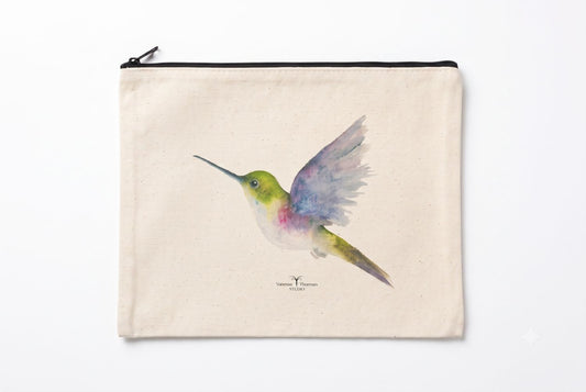Hummingbird Canvas Travel Pouch - Zippered Bag with Hummingbird Art | Small or Large Size