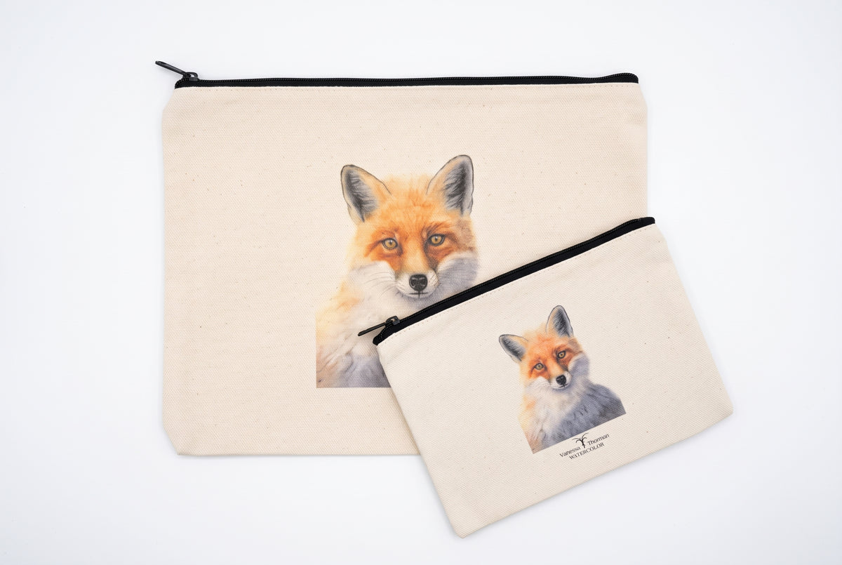 Red Fox Canvas Travel Pouch – Zippered Bag with Fox Art | Small or Large Size