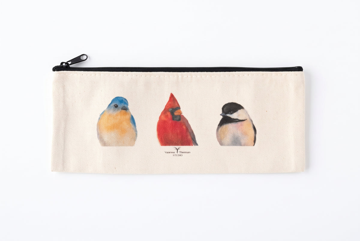 Three Birds Canvas Pencil Pouch – Bluebird, Chickadee & Cardinal Watercolor Art