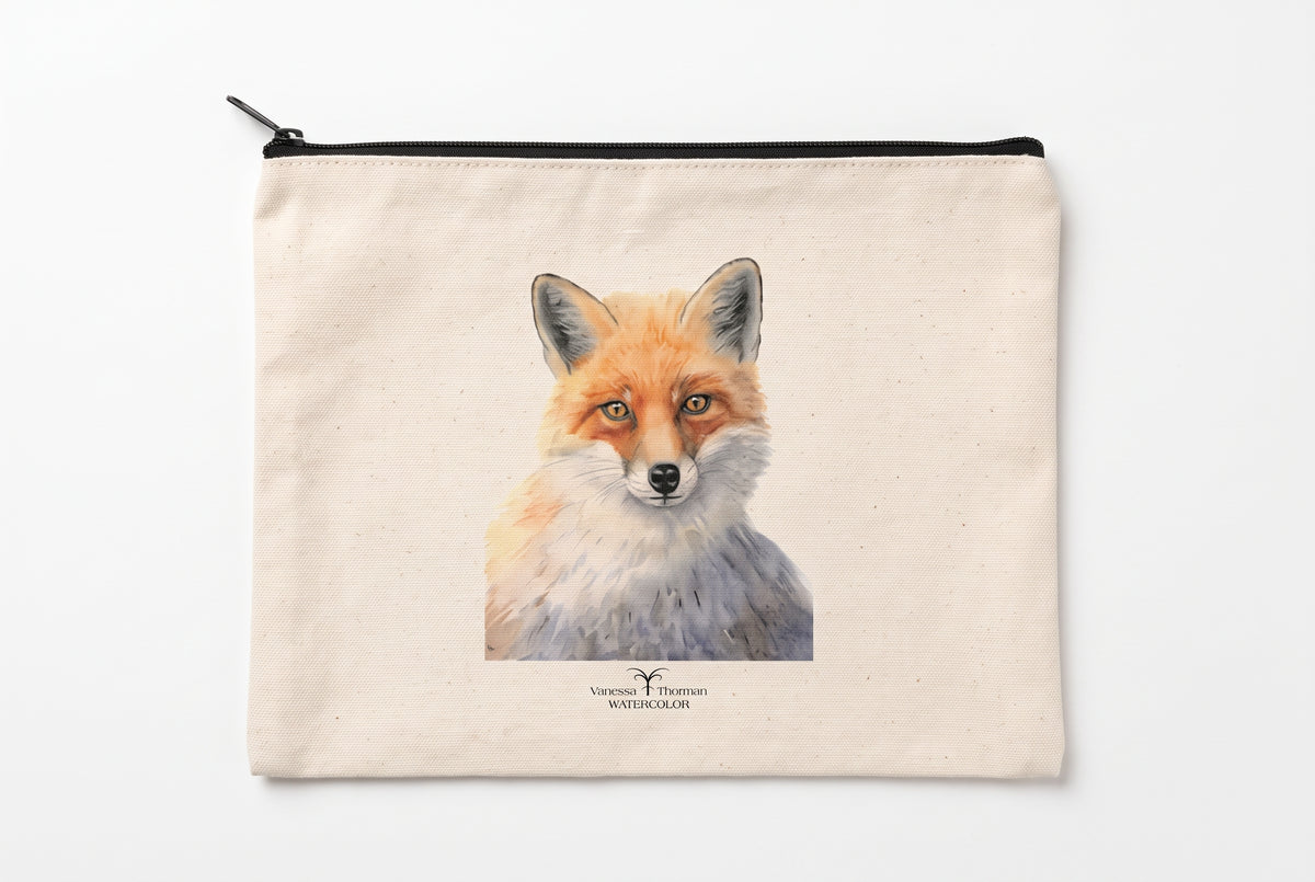 Red Fox Canvas Travel Pouch – Zippered Bag with Fox Art | Small or Large Size