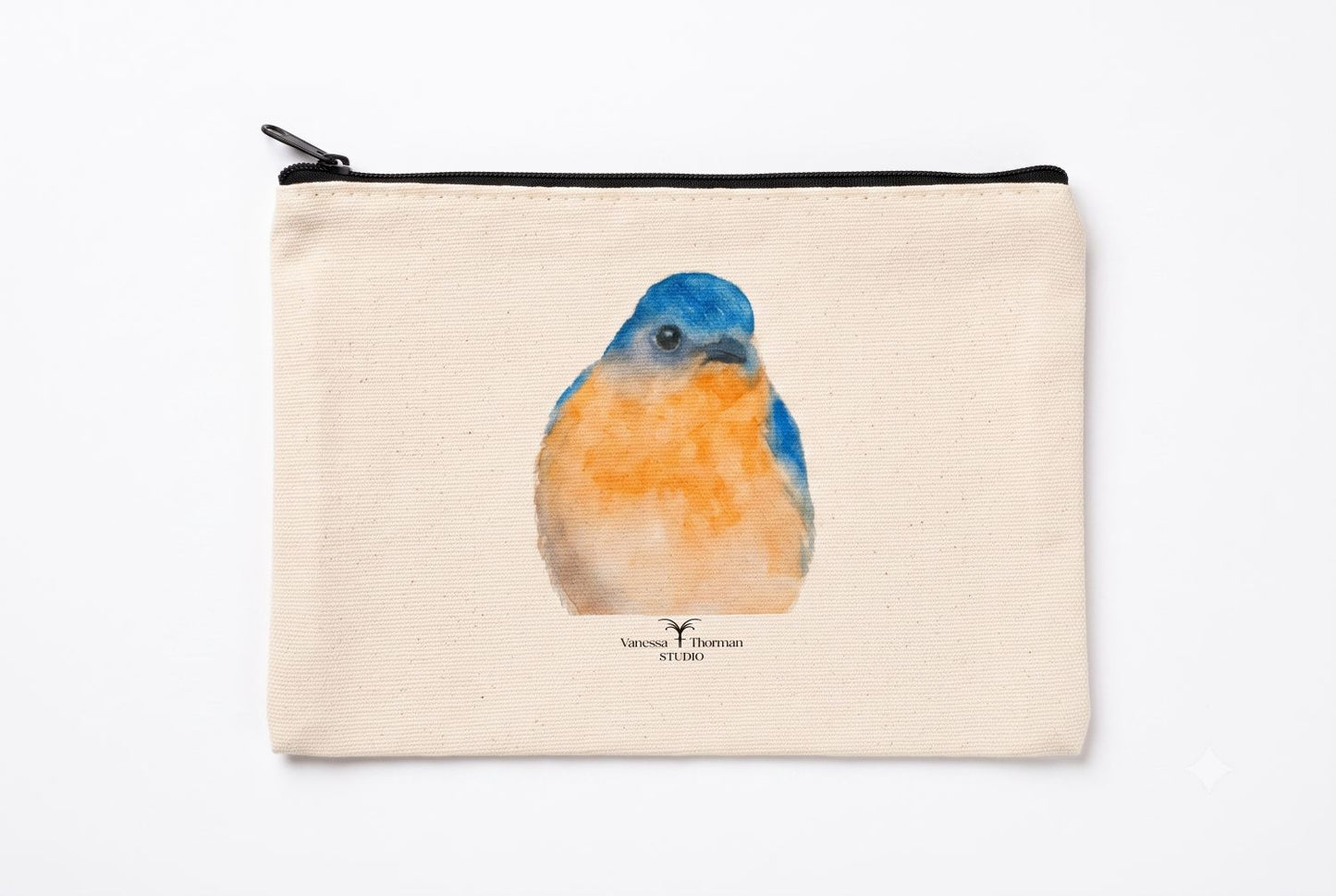 Bluebird Canvas Travel Pouch – Zippered Bag with Bluebird Art | Small or Large Size