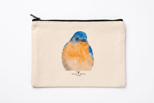 Bluebird Canvas Travel Pouch – Zippered Bag with Bluebird Art | Small or Large Size