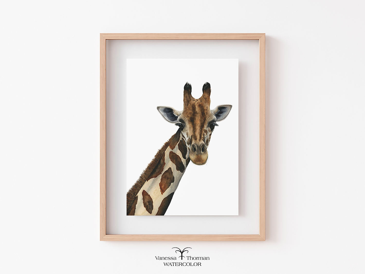 Giraffe Watercolor Art Print "Jasper" on a plain background in a simple frame