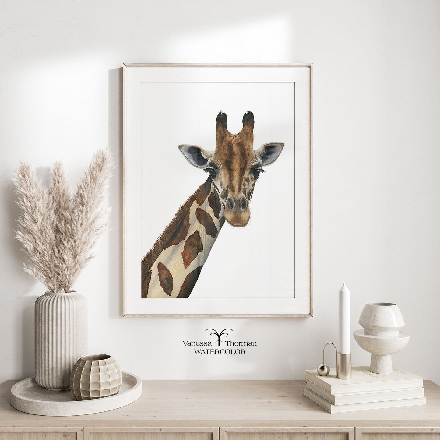 Giraffe Watercolor Art Print "Jasper" on a plain background in a simple frame