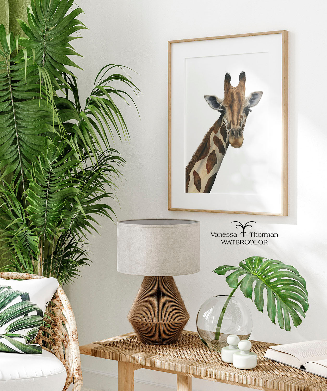 Giraffe Watercolor Art Print "Jasper" on a plain background in simple frame